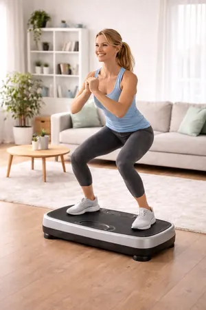 Vibrationsplattentraining im Wohnzimmer – Frau auf Vibrationsplatte